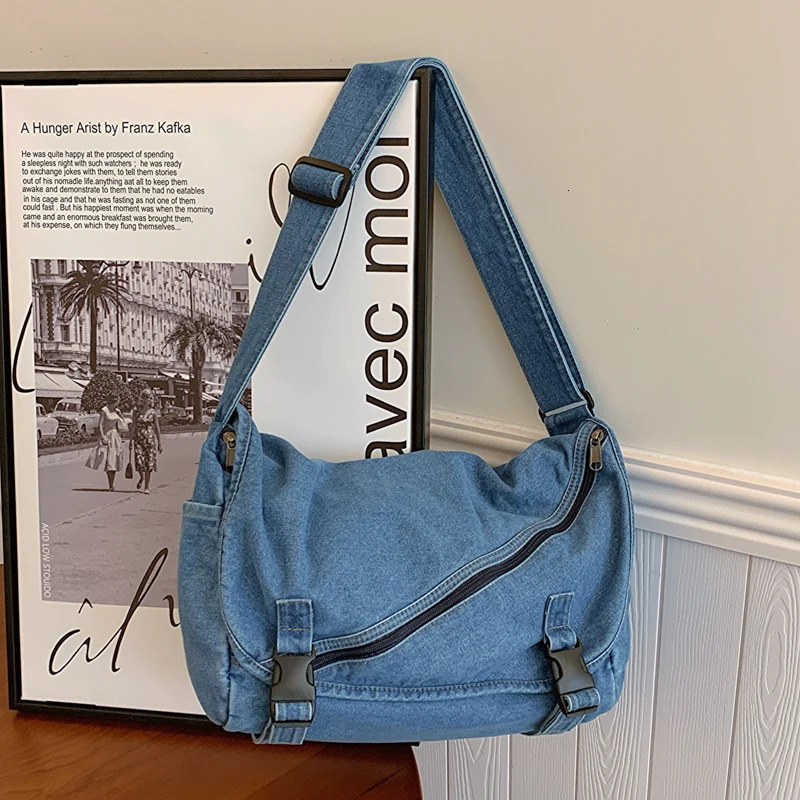 Neutral blue denim shoulder bag large capacity canvas casual cross body bag pure cotton bag pure cotton bag 241008
