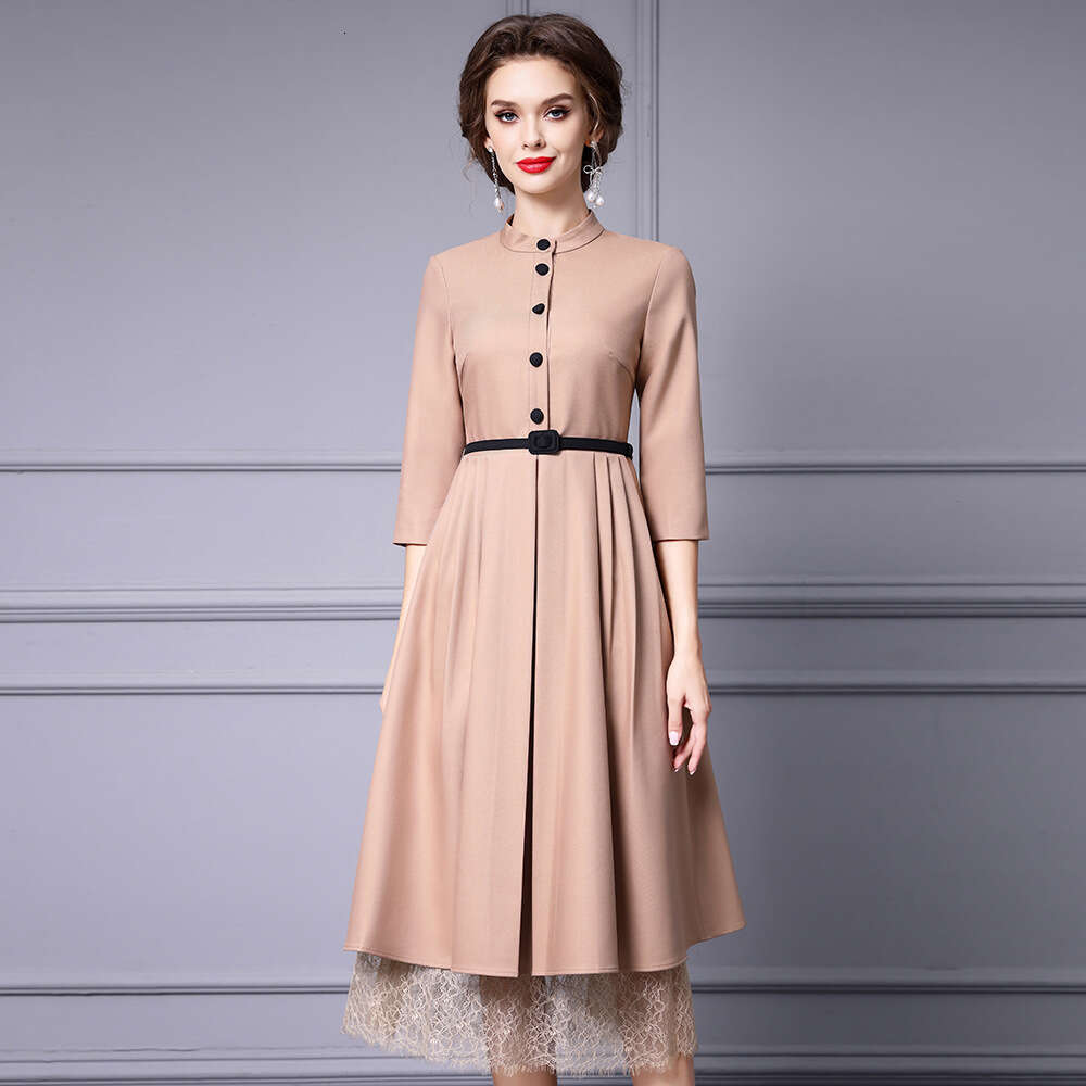 womens super beautiful dress slim fit and slimming stand up collar lace patchwork A-line skirt 2024 early autumn new item