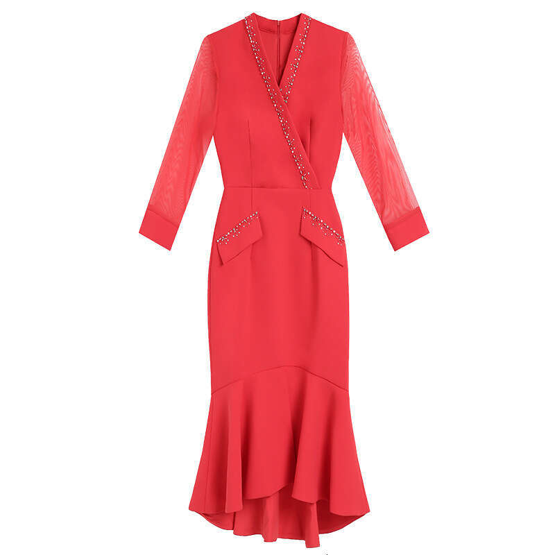 dress 2024 new autumn outfit nail bead seven quarter sleeve womens style waist cinching slimming fish tail skirt