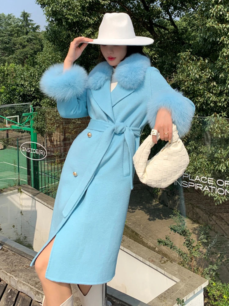 2024 Women Autumn Winter Double Side Woolen Wool Fur Collar and Cuff Decoration Slim Belt Long Coat 240930