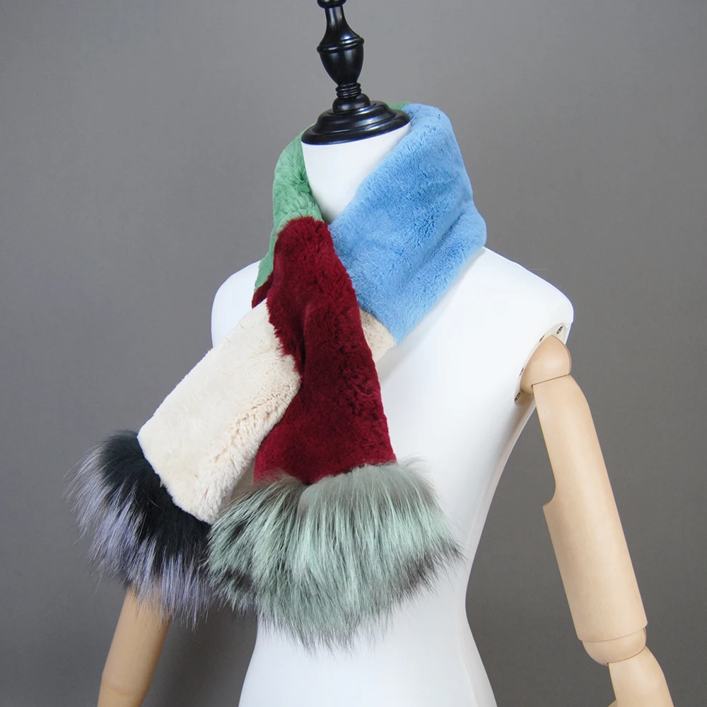 2024 Winter Women Genuine Knitted Fox Fur Scarf Real Rex Rabbit Fur Collar Warm Neck Natural colorful Rex Rabbit Fur Scarves 241009