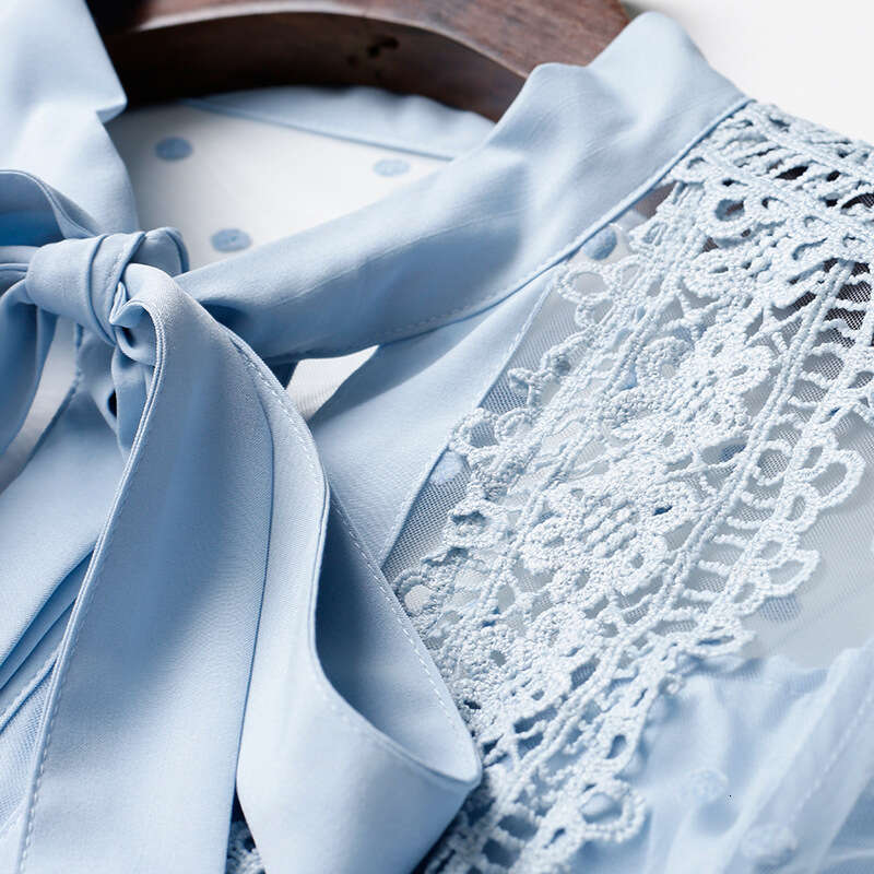 Water Blue Autumn 2024 New Style Womens Charm Waist slimming Lace Long Dress