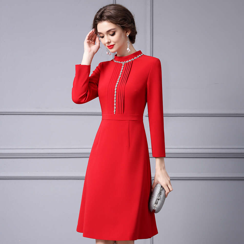 red stand up collar nail bead A-line skirt 2024 new high-end brand long sleeved slim fit dress autumn