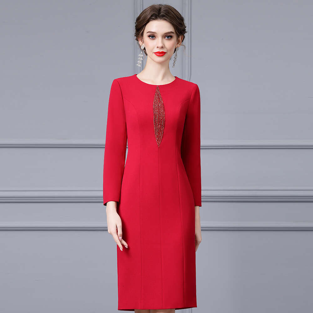 Red Heavy Industry Nail Bead Bag Hip Skirt 2024 Autumn New Style Light Luxury Temperament and Slimming Long Sleeve Dress