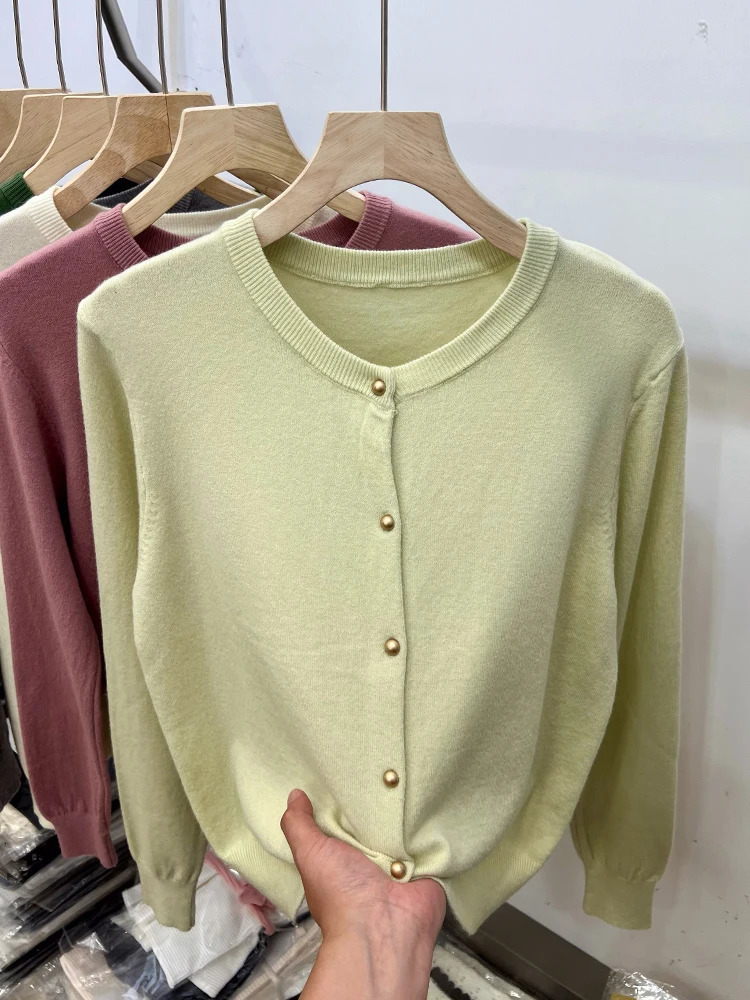 Pre Fall High Grade Grey Crew Collar Knitted Long Sleeve Cardigan Womens Jacket Fashion Jacket 241011