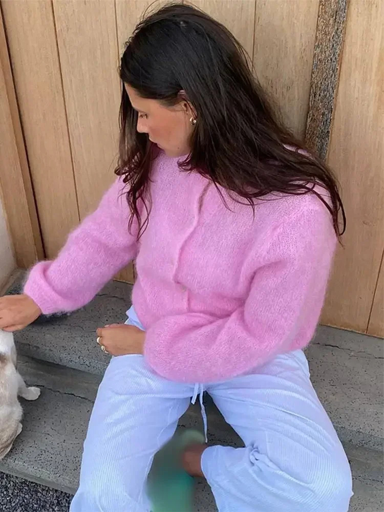 2024 Womens Pink Sweet Mohair Knitted Cardigan Chic Oneck Long Sleeve Single Breasted Sweater Lady Fashion Autumn Knitwear 241007