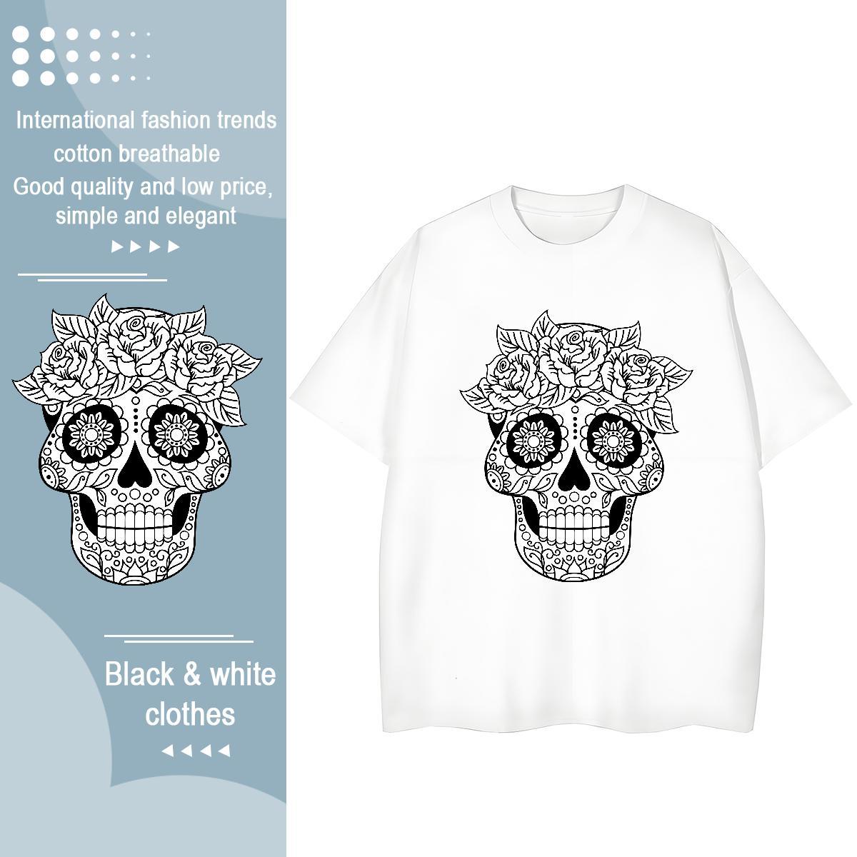 2024 T Shirts Women 230g Pure Cotton Breathable Short Sleeve Sports Street Wear skull Women Tshirts Brand Graphic Tops Shirt