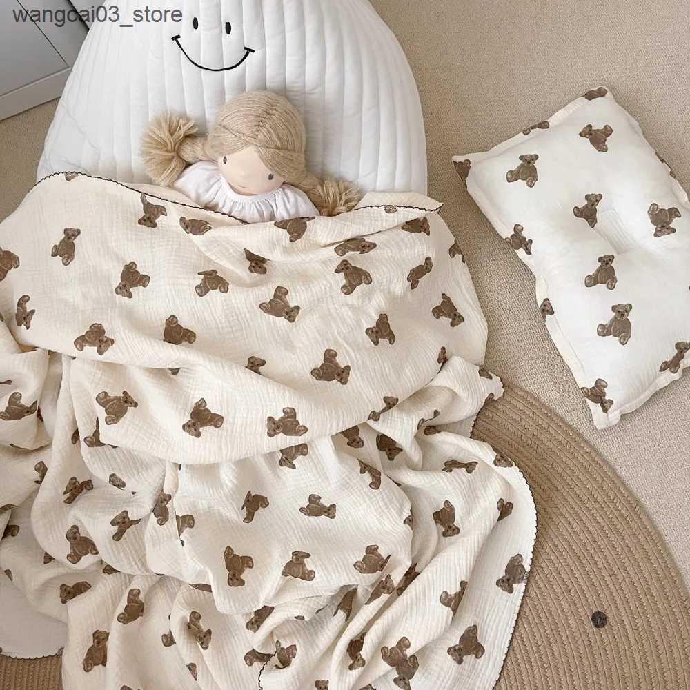 Blankets Swaddling Printed Teddy Bear Super Soft Cotton Muslin BlanketLovely Baby Swaddle Newborn Wrap Bath Towel Baby Receiving Blanket L240910