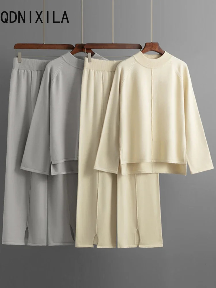 2-piece womens winter casual knitted track suit O-neck split sweater wide leg pants set womens knitted two-piece set 241010