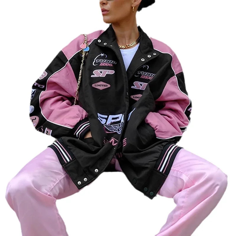 Womens Spliced Pink Bomber Jacket with Zippers Print Motor Biker Stitching Baseball Streetwear Fashion 241011