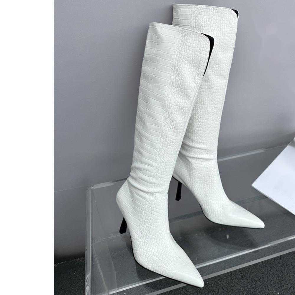 V-neck Thick Fashion Boots Pointed High Heel Tube Knee Martin Boots For Women High-heeled Long Tube Fashion Boots Crocodile Patterned Boots 240826