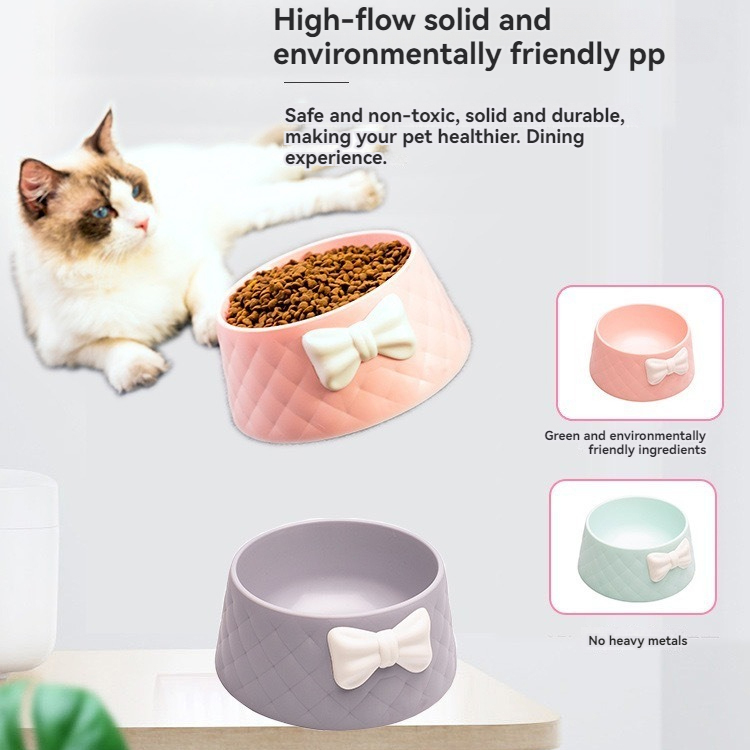 Creative Cute Bowknot Decor Pet Feeding Deepen Bowl Cats Dogs Durable Friendly PP Cat Food Dish Bowl Water Basin Non-Slip Base