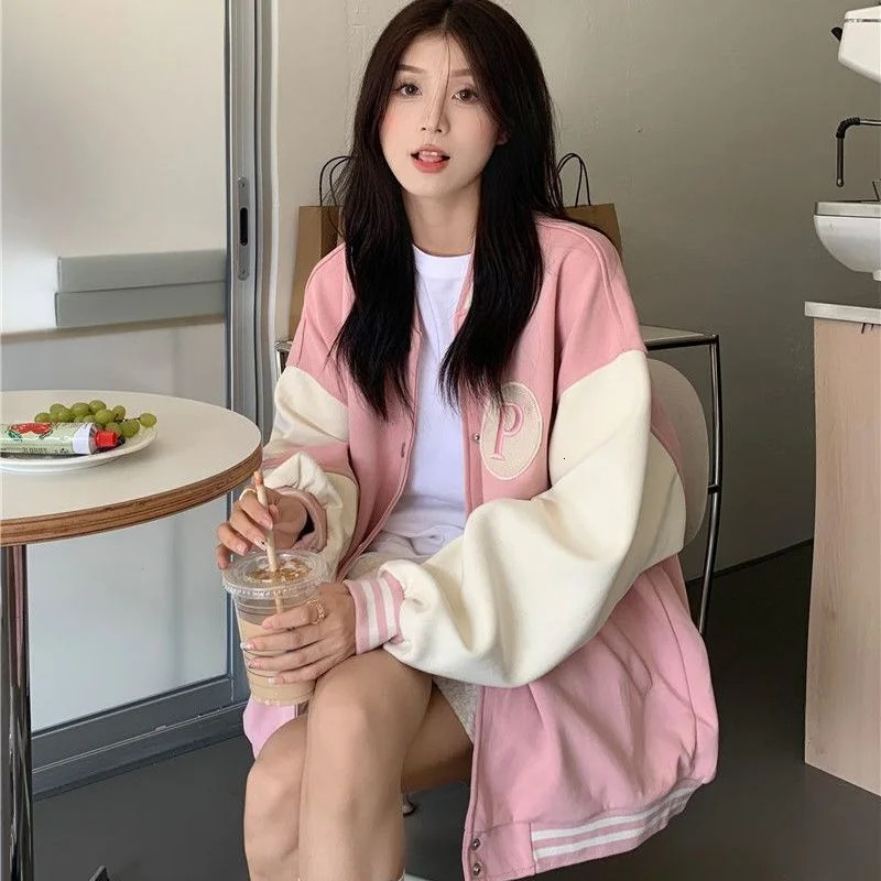 Korean Style College Varsity Jackets Green Bomber Coats Streetwear Couple Loose Harajuku Baseball Jacket Women Oversize 241011