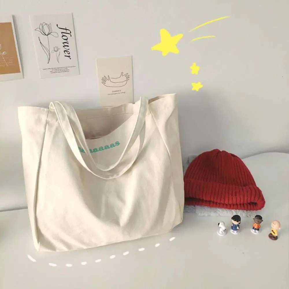 Letter Embroidery candy colored canvas bag Korean style large capacity vacation handbag lightweight and environmentally friendly solid color shoulder 