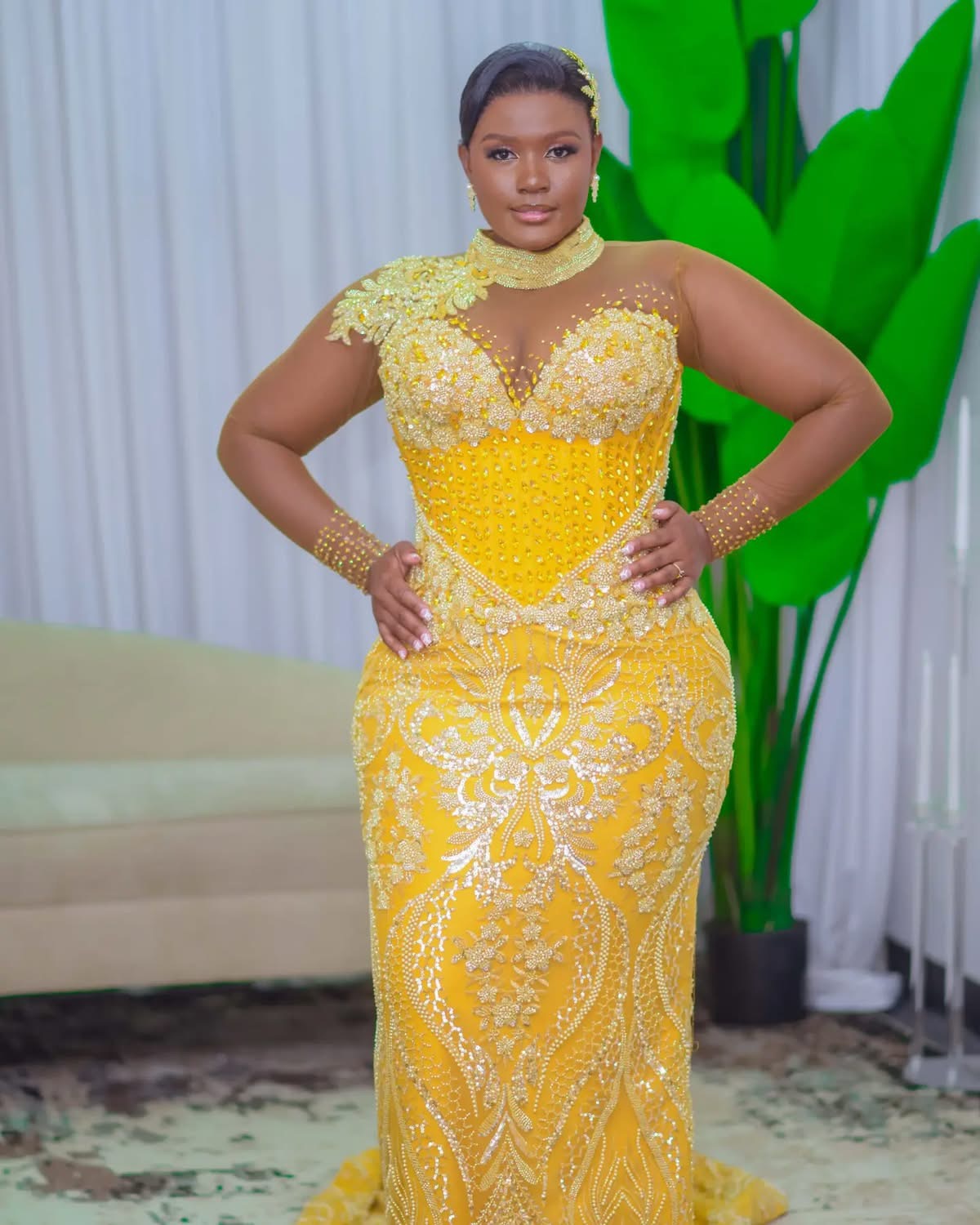 Aso Ebi 2024 Yellow Mermaid Prom Dresses Beaded Rhinestones Sequined Lace Evening Formal Party Second Reception Birthday Gowns Dress For Special Occas