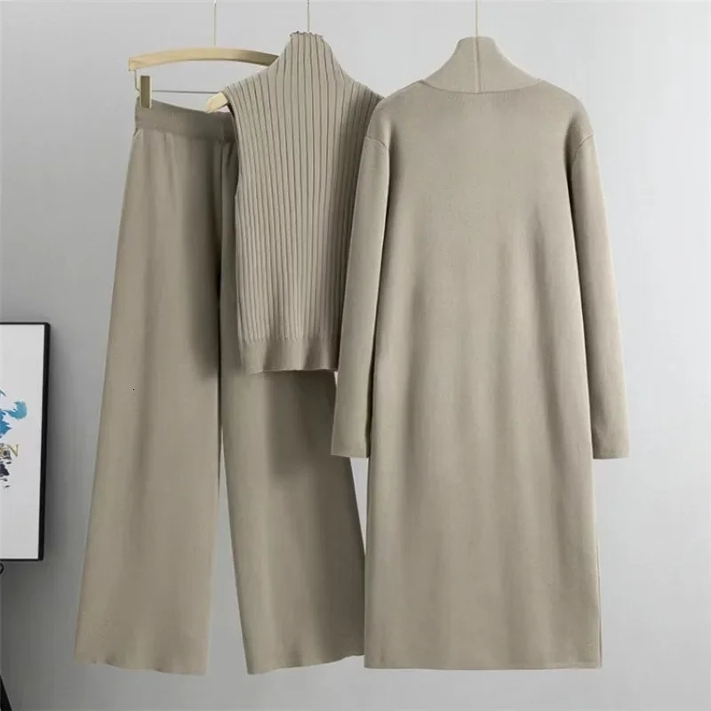 autumn 3-piece womens cardigan wool sweater fashionable knitted pants set winter womens solid sweater set retro fashion 241010