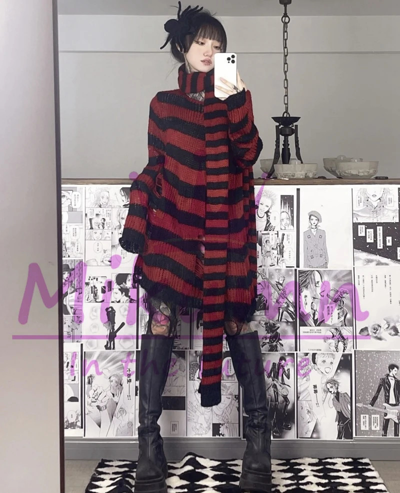 Mikumn Harajuku Punk Fashion Grey Red Black Striped Scarf Women Girl Winter Warm Knitted Scarves Streetwear 241009