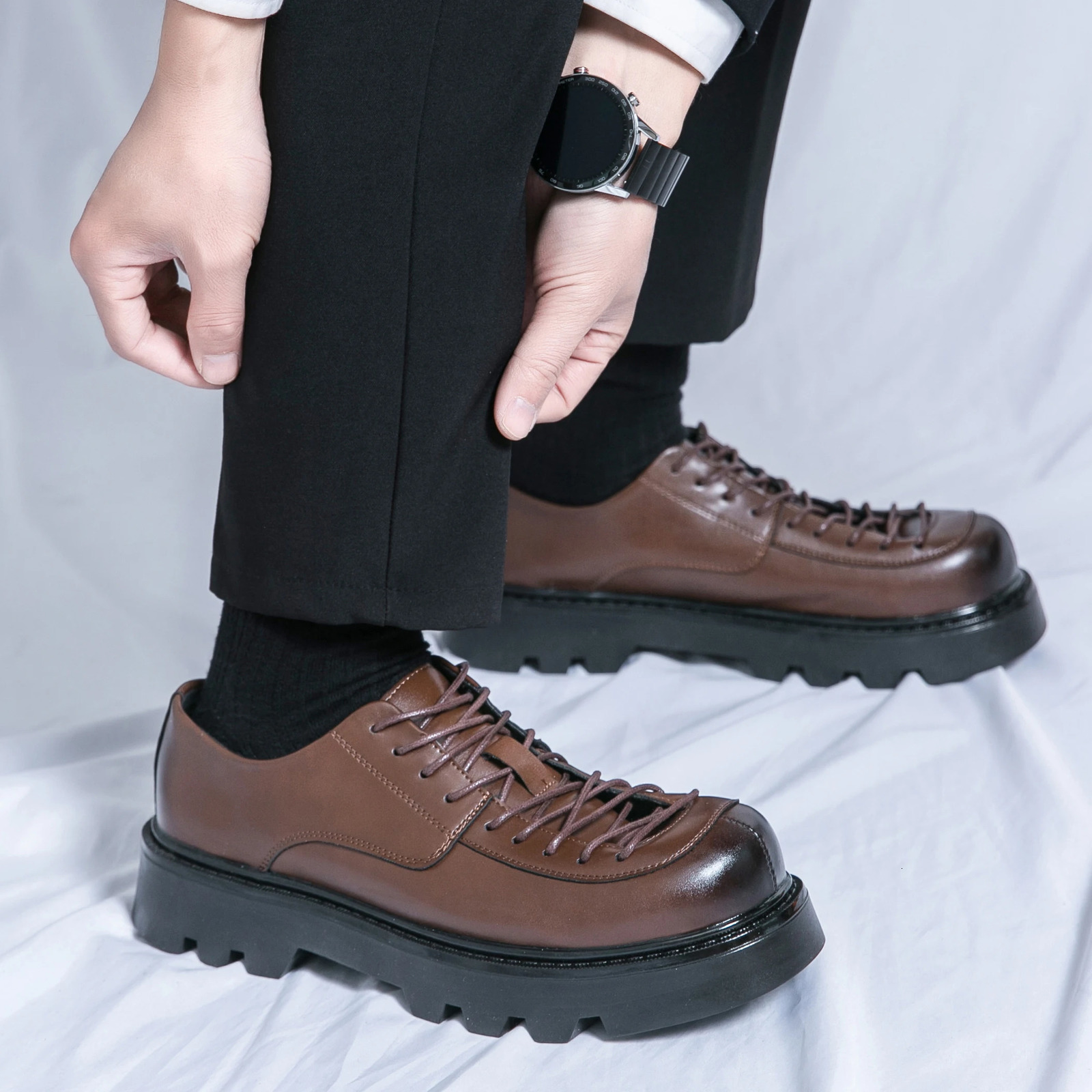 n Thick soled Mens Leather Shoes Dress Shoes Casual Korean Style Gentleman Elegant Office Oxford Shoes Black 241007