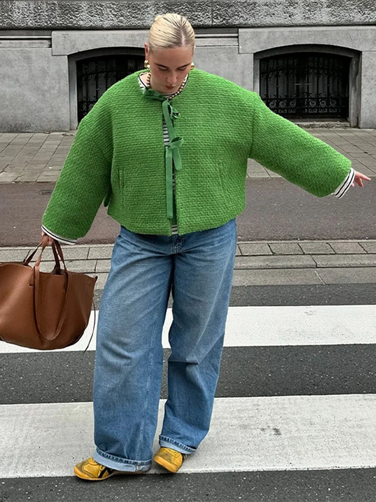 Bow Tweed Jacket Coat Green Lace Up Cardigan Womens Spring Autumn Short Overcoat Loose Casual Round Neck Top Slimming Outwear 241011