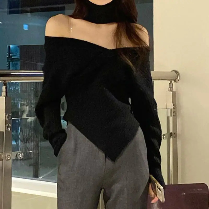 Knitted Sweater Irregular V-Neck Off Shoulder Autumn Solid Criss-Cross Women Long Sleeve Sexy Elegant Party Pullover Tops Female 241010