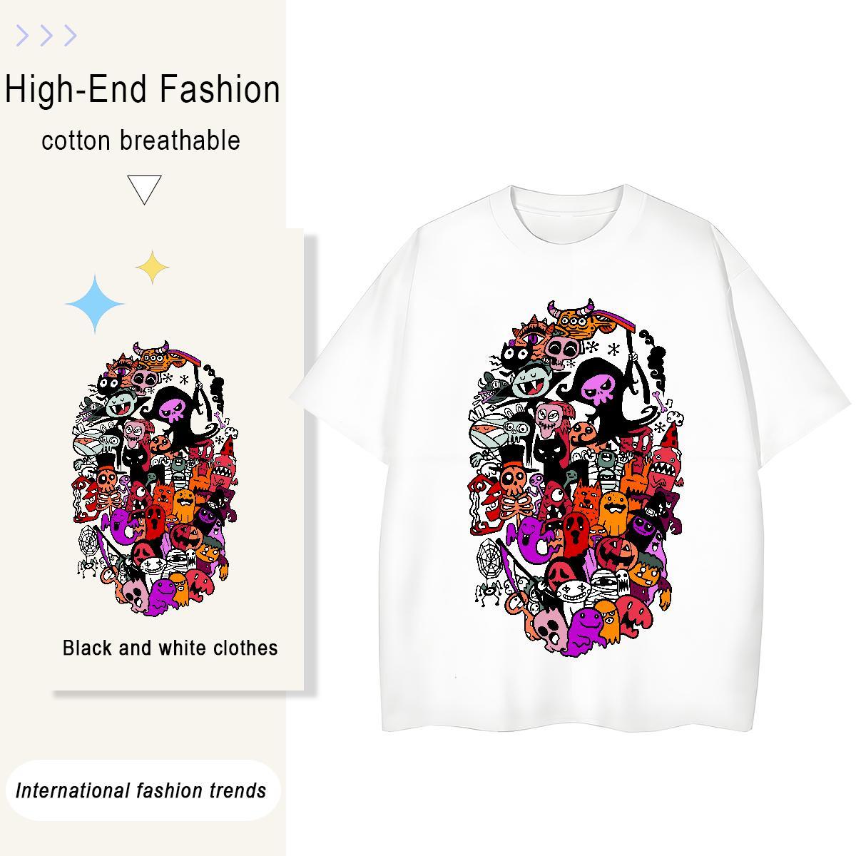 Fashion Casual T-Shirts 230g Pure Cotton Short Sleeve O-Neck Street Casual skull Tshirt for Man Woman Loose Cartoon Print Tops Tees