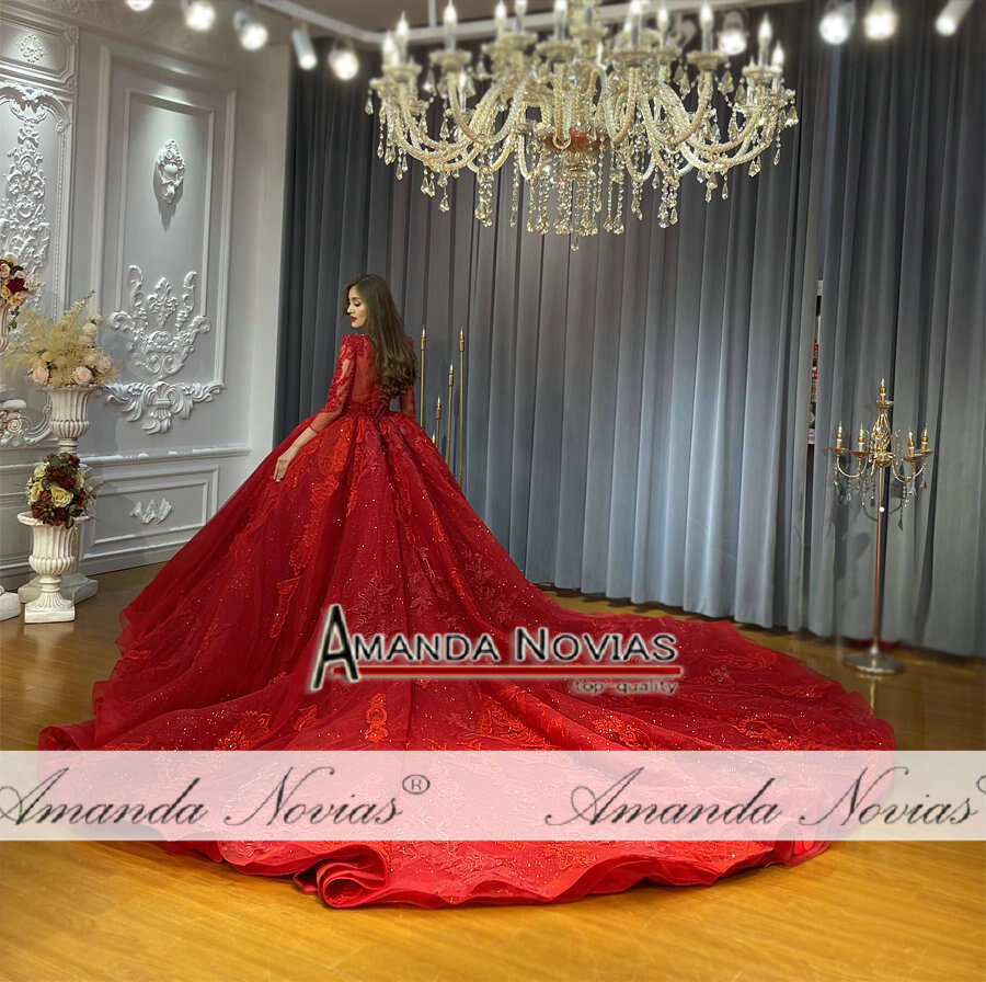 Amanda Novias Red Lace Beads Long Train Wedding Dress