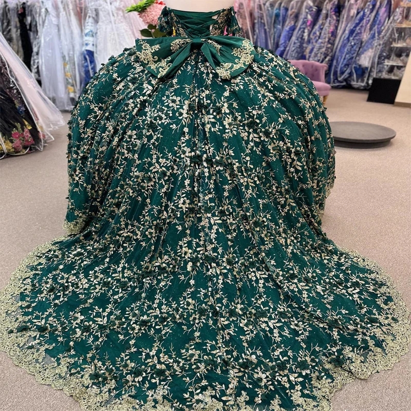 Emerald Green Princess Quinceanera Dresses Off the Shoulder 3D Flower Sequin Applique Lace Tull Corset Party Birthday Sweet 16 Dress Vestidos De 15 An