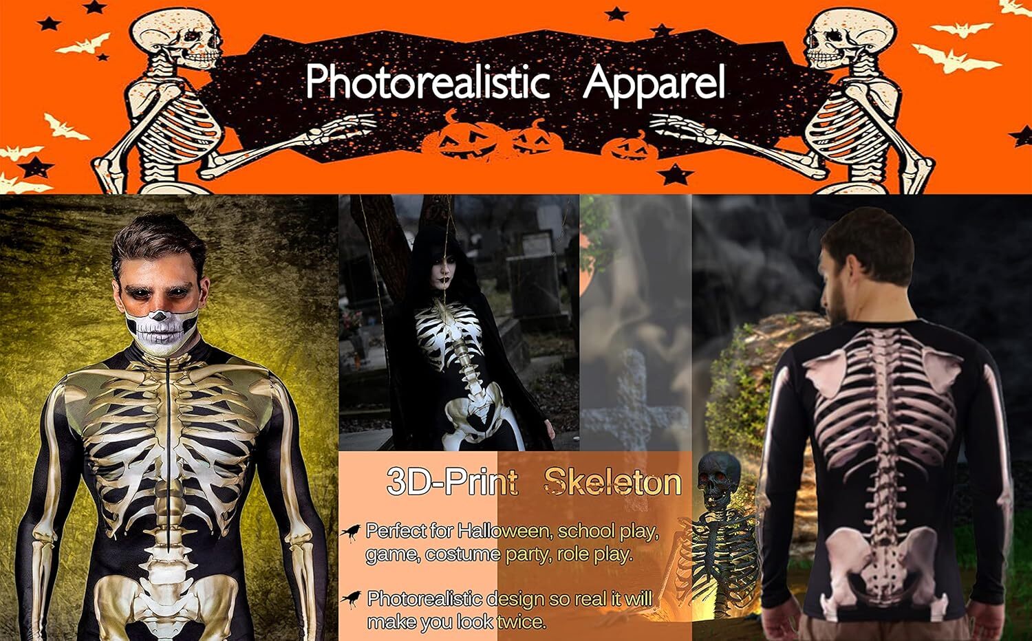 Long Sleeve Shirts for Men sweatshirt Mens Halloween 3D Skeleton Photo-Realistic T-Shirt Unisex Long Sleeve