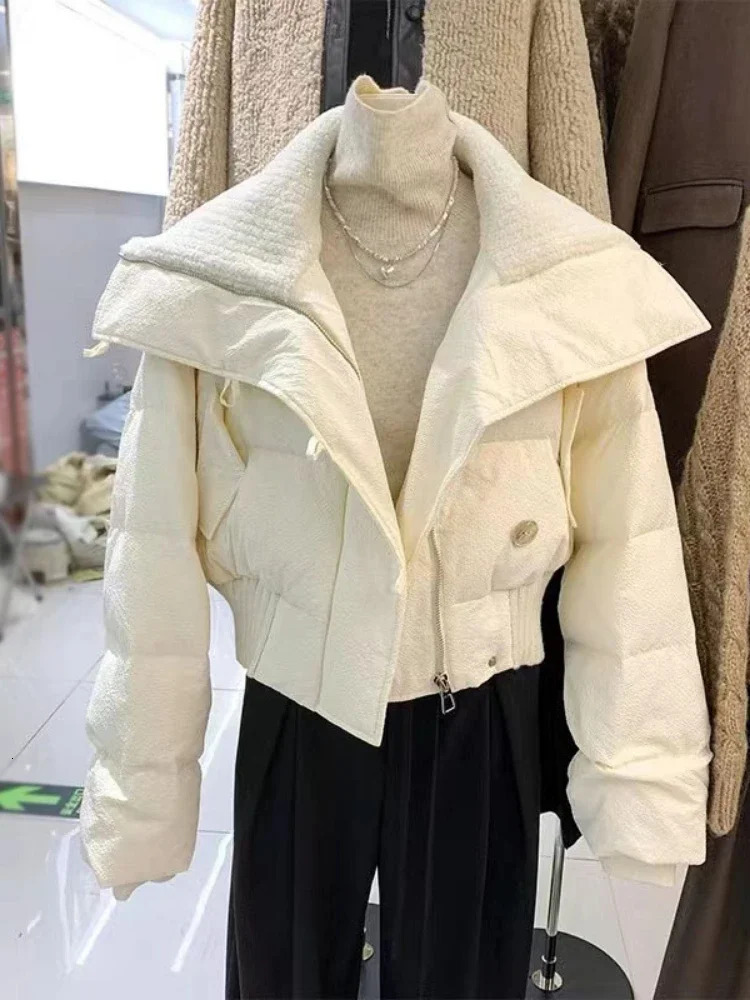 2023 Korean Chic Knit Collar Autumn Winter Coat Women Thickened Puffer Jacket Loose Parka Warm Cottonpadded Short Coats 240930