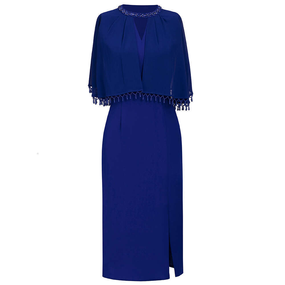 Smart stylish dress exuding an elegant figure socialite temperament. Tassel cape shawl and hip hugging dress