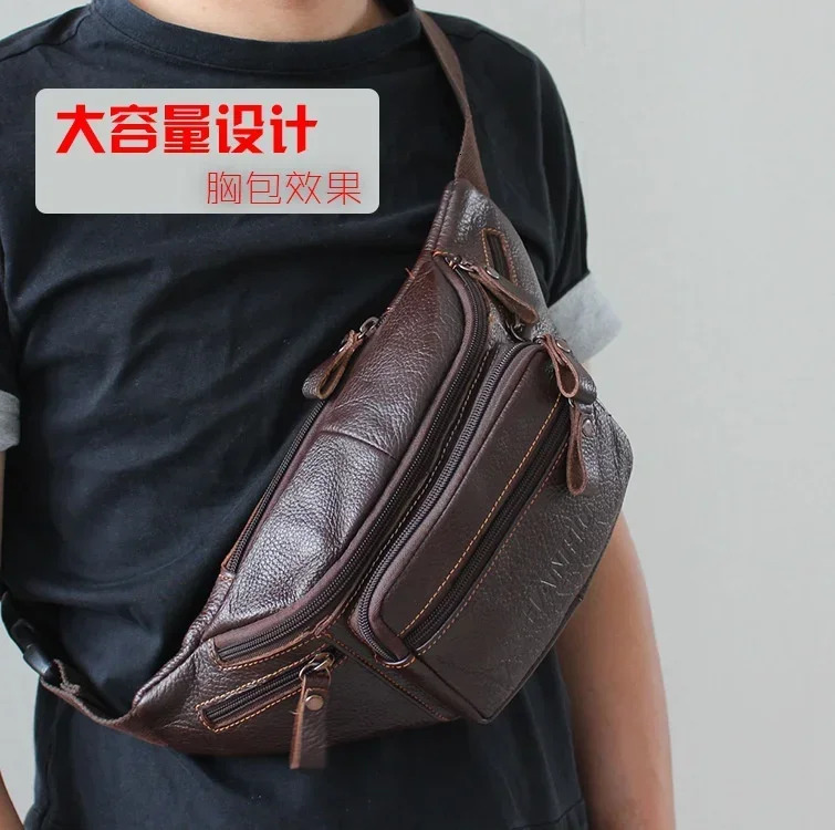 Real denim leather waist bag mens funny bag mobile phone bag multi pocket hiking running cycling bag 241008