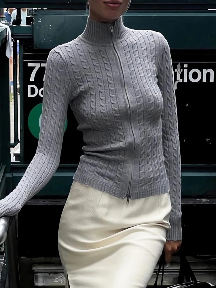 Sibybo Zip up Twist Knitted Sweater Womens Autumn and Winter Casual Turtle Neck Long Sleeve Open Knitted Sweater 241011