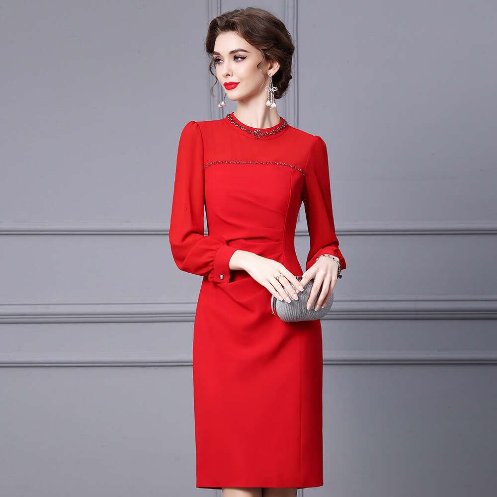 Red Dress Long Sleeve 2024 Autumn New Collection Exquisite Nail Bead Folded High Waist Look Slimming Bag Hip Skirt