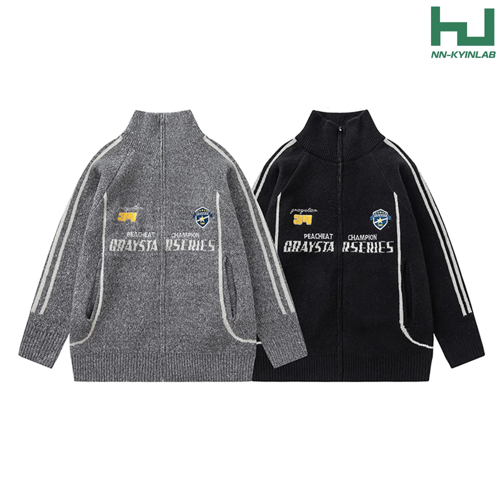 American style casual knitted cardigan zipper sweater mens autumn standing collar simple paradigm letter jacquard couple jacket 241007