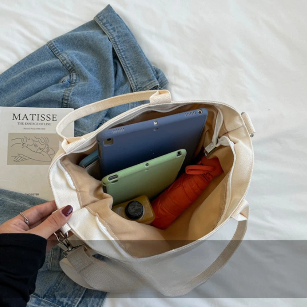 Ins Lazy Wind Canvas Large Bag Korean Version Single Shoulder Horizontal Bag Womens Simple Literature Solid Color Handbag 241008