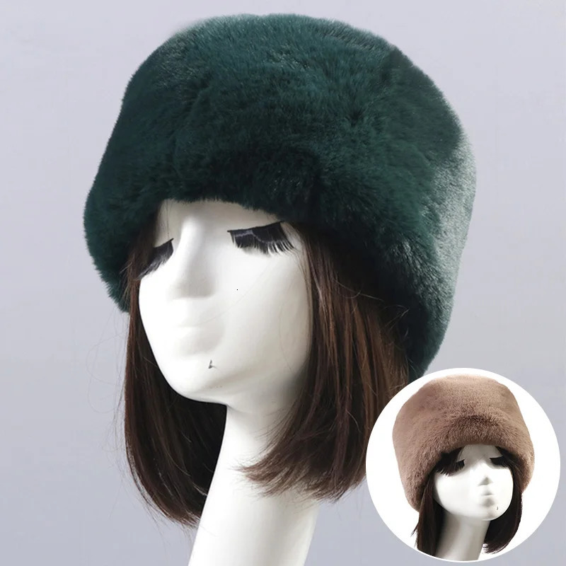 Womens Winter Fur Hat Thick and Fluffy Artificial Fur Rex Hat Russian Ski Windproof Party Super Fashion Fur Hat Black 241011