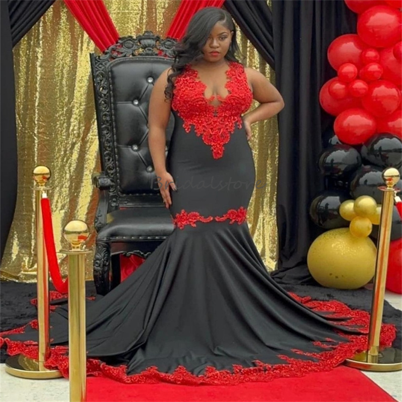 Amazing Black And Red Prom Dresses For Black Girls O Neck Plus Size Lace Mermaid Evening Dress Elegant Aso Ebie Unique Birthday Maxi Party Gown robe d