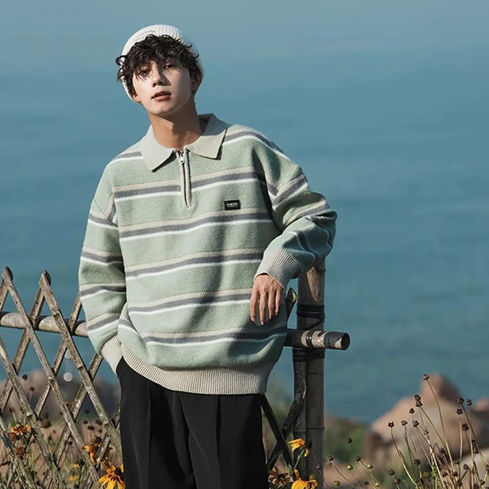 Japanese Mens Y2K Knitted Warm Polo Knitted Striped Turtle Neck Sweater Winter Street Clothing Knitted Korean Clothing Jumping Mens 241007