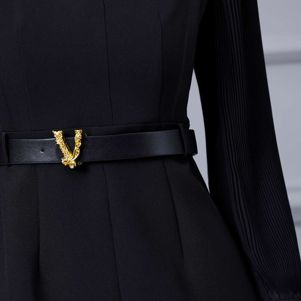 French style black pleated lantern sleeve splicing waist cinching tie dignified and atmospheric dress 2024 autumn new item