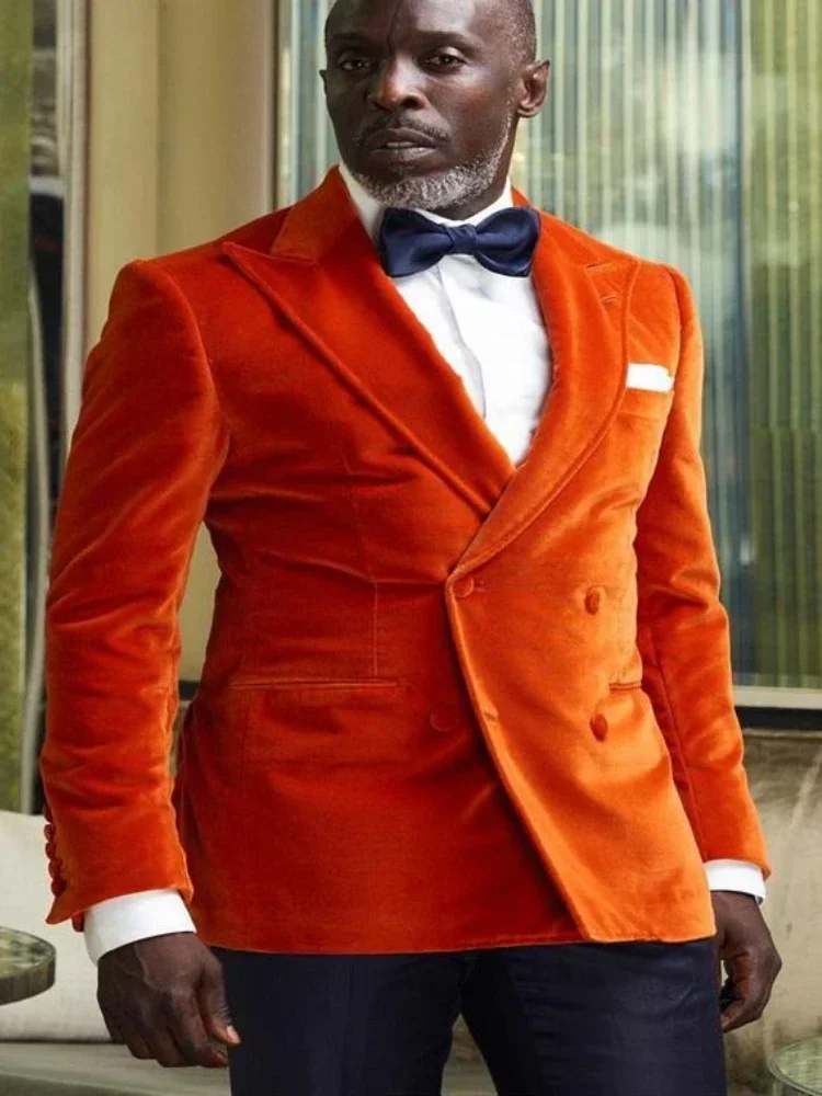 African Men Suits Slim Fit Double Breasted Peak Lapel Velvet Groom Tuxedos For Wedding Male Costume 2 Pcs (Jacket + Pants) 2024