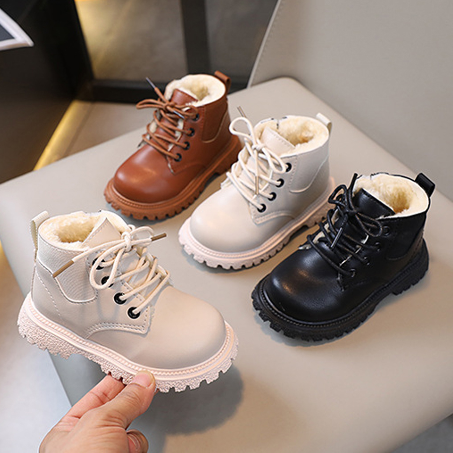 Fashion Kids Boys Girls Boots British Style Winter Warm Velvet Short Boots Cutefeet Children Casual Anti-slip Zipper Leather Shoes Sizes 21-30