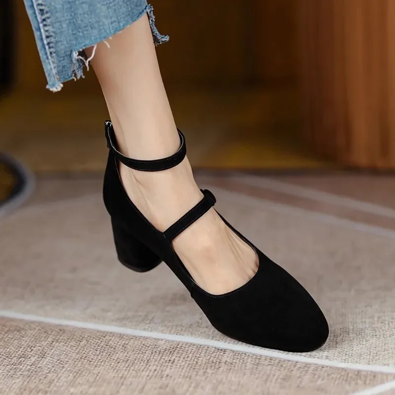 Womens high heels dress shoes black sexy pump ankle strap artificial suede shoes double button Mary Janes shoes spring and autumn 1748N 241007