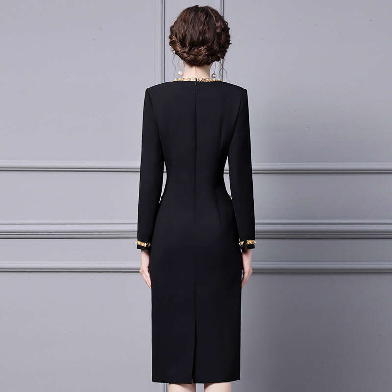 French Beautiful Dress 2024 New Hepburn Black Long sleeved Coat Heavy duty Nail Diamond Wrapped Hip Skirt