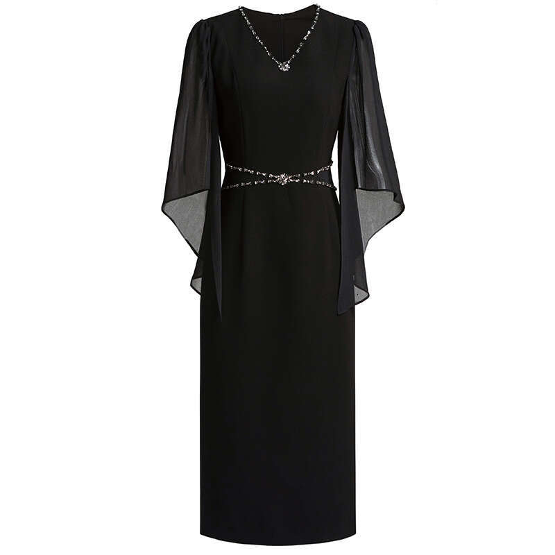 slimming dress 2024 womens new summer Hepburn temperament V-neck studded diamond cape yarn sleeve wrapped hip skirt