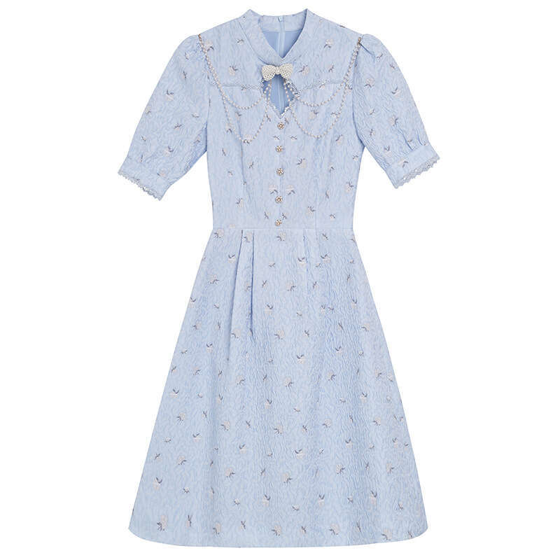 White Dress for Women 2024 Summer New Style Bubble Sleeve Aging Butterfly Pearl Jacquard High Waist A-line Skirt