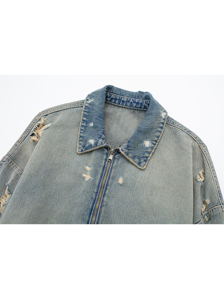 Women Blue Ripped Denim Jacket 2000S Long Sleeve Outerwear Loose Zippers Jean Coat Haruku Korean 90S Vintage Top 2024 Clothes