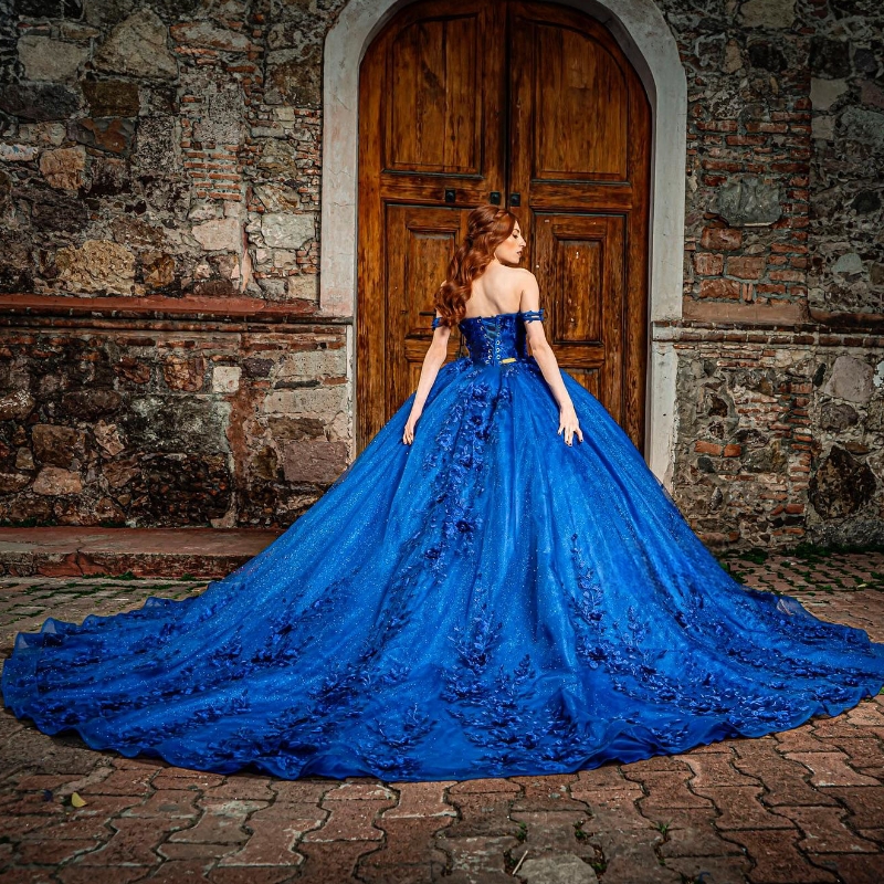Royal Blue Sweetheart Quinceanera Dresses Ball Gown Off The Shoulder Beaded Lace Appliques Tull Vestidos De 15 Anos Sweet 16 Dress