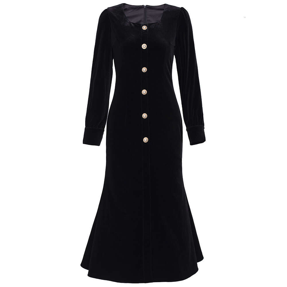 wine red high-end temperament dress 2024 autumn new item single breasted square neck slimming velvet fishtail skirt