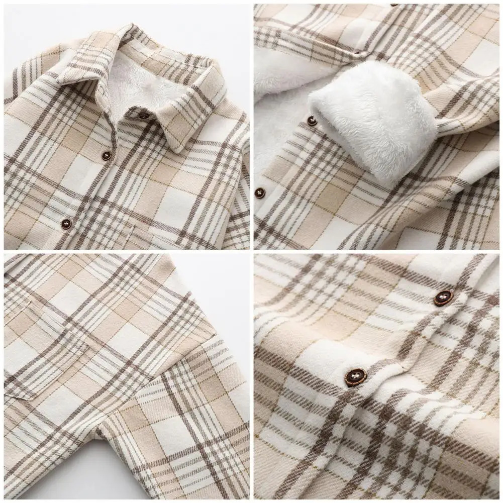 Womens autumn and winter coat with collar long sleeves patch pockets single-layer wool shirt thick lining plain weave womens jacket 241007