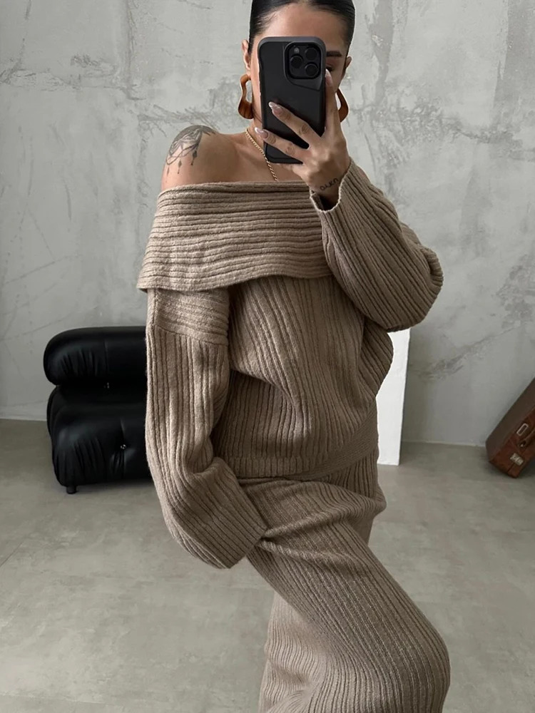 Winter Knitted Two Piece Set Womens Elegant Off Shoulder Sweater Pullover Ultra Thin Tight Set Fashion Office Womens Wear 241011